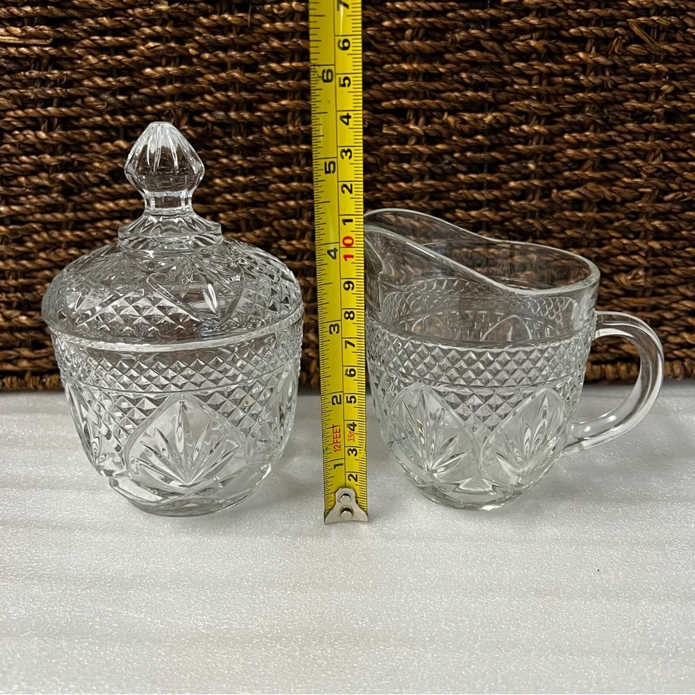 Vintage Anchor Hocking Pineapple Pattern Clear Glass Sugar Bowl & Creamer